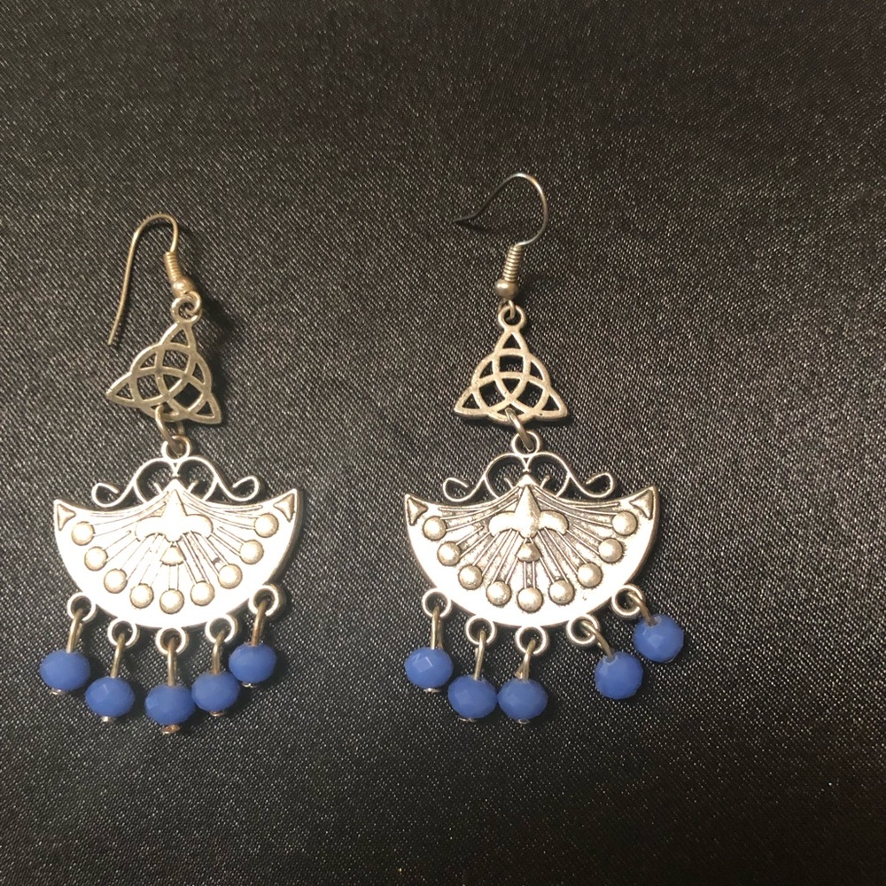 Silver tone blue beads earrings